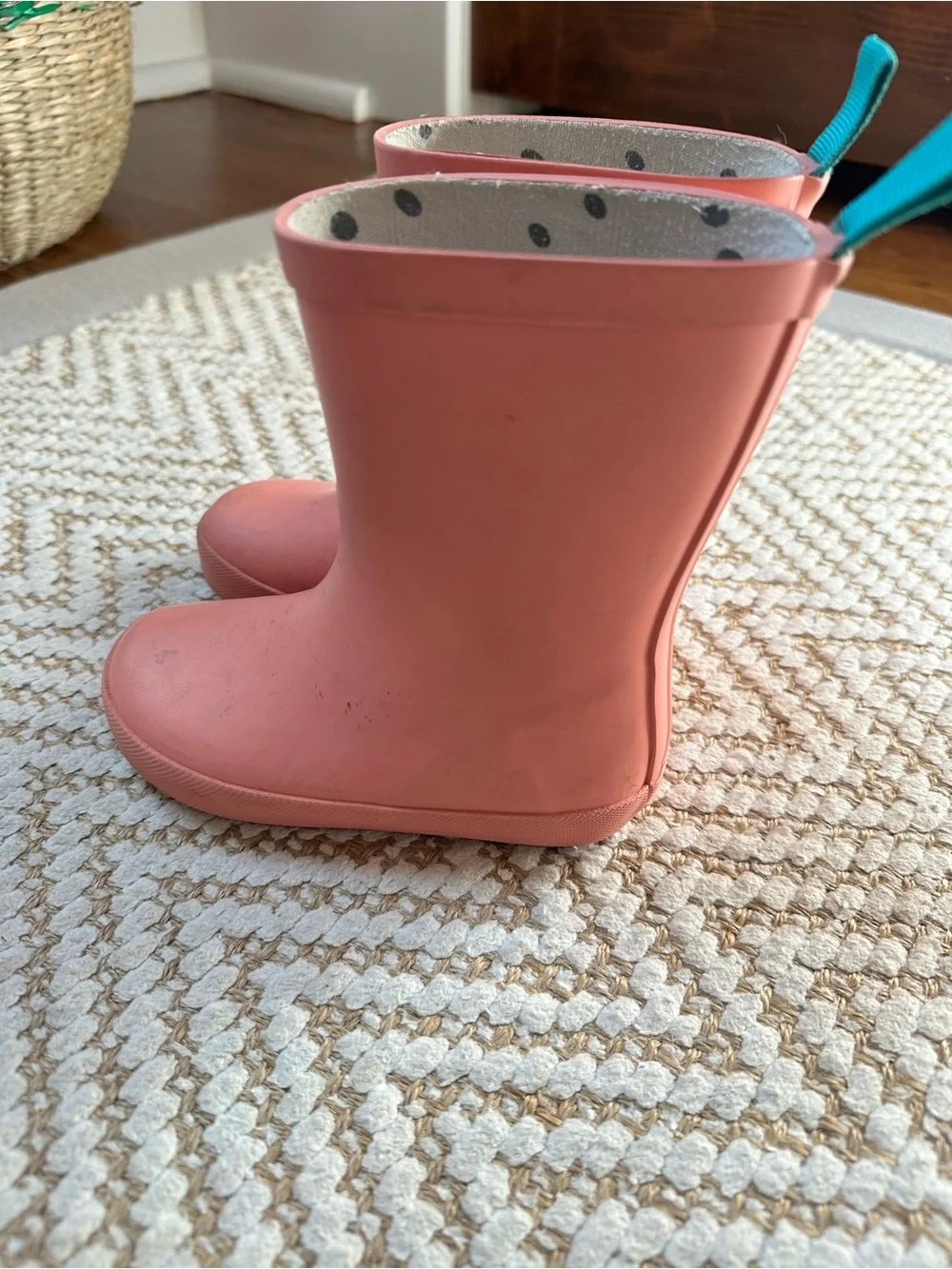 Kids Coral Waterproof Rain Boots with Teal Pull Tabs